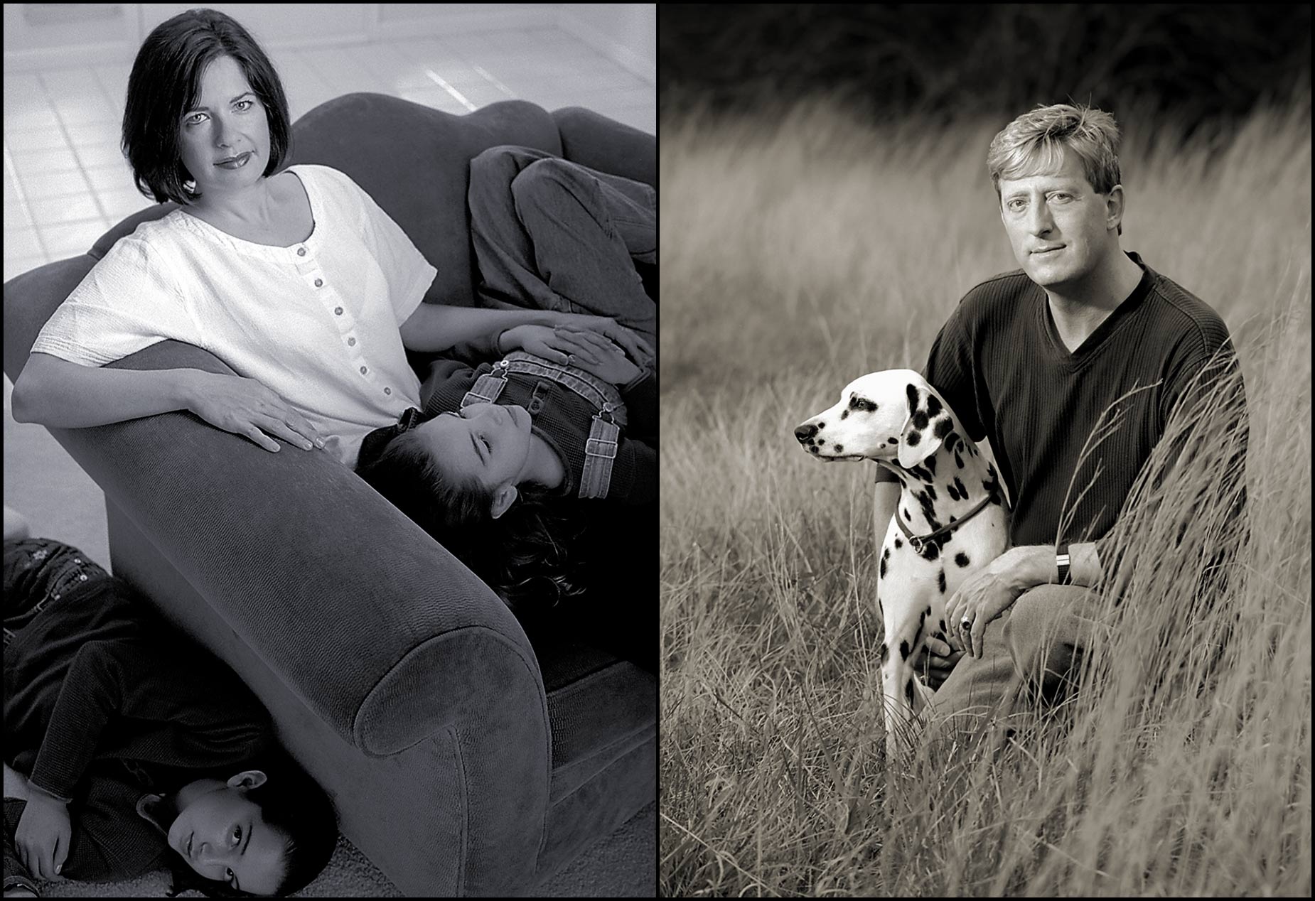Portraits of retail store customers: Mom with daughters in their living room (L), Man with his Dalmatian in a field of tall grass.
