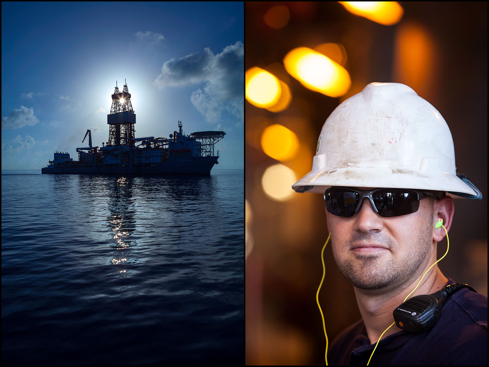 Offshore drill ship with sun behind derrick (L), Quality control tester in safety gear (PPE) on offshore rig in the Gulf of Mexico (R).