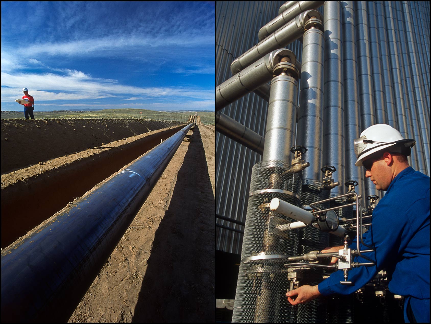 An inspector walks the trench at a pipeline construction site (L), A refinery operator works at a valve stack (R).
