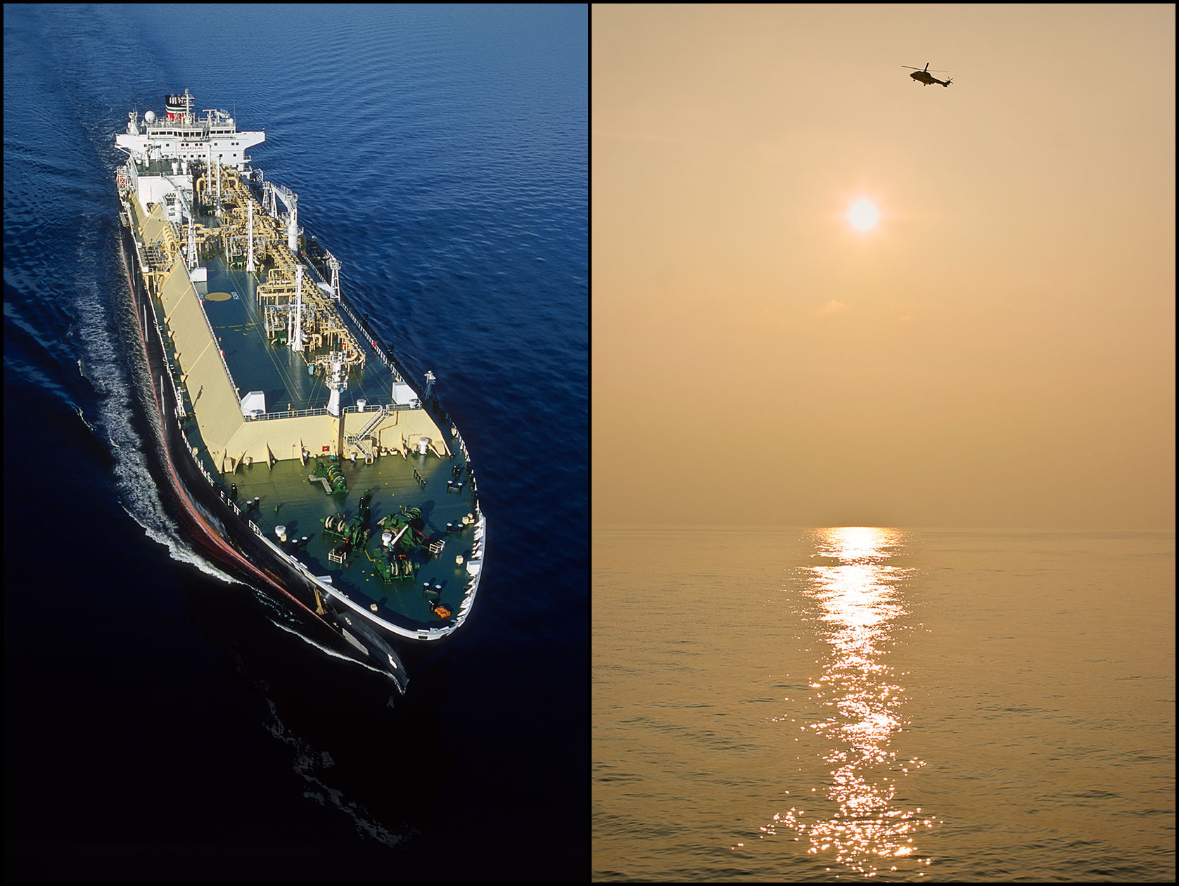 Aerial view of LNG tanker ship under sail (L), A crew helicopter flies across the Gulf in an orange morning sky (R).