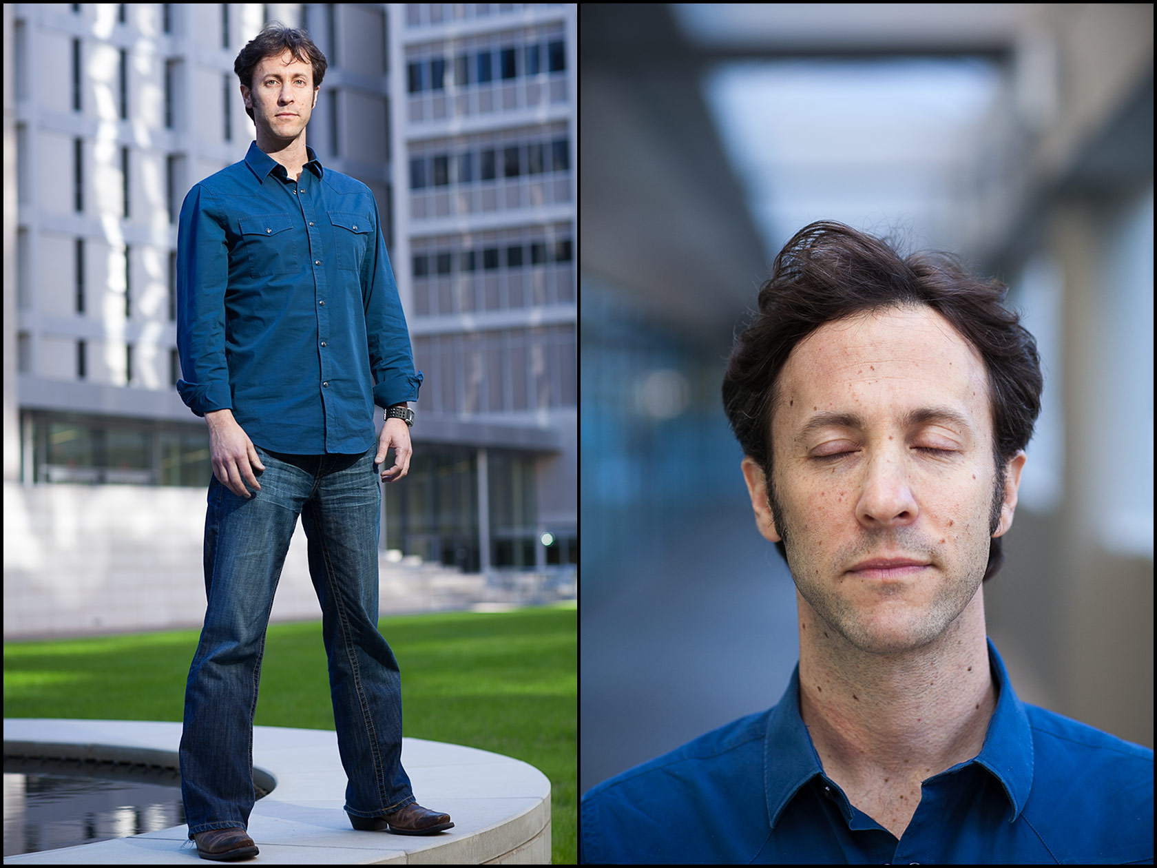 Portraits of Dr. David Eagleman, neuroscientist, in a courtyard at the Texas Medical Center in Houston.
