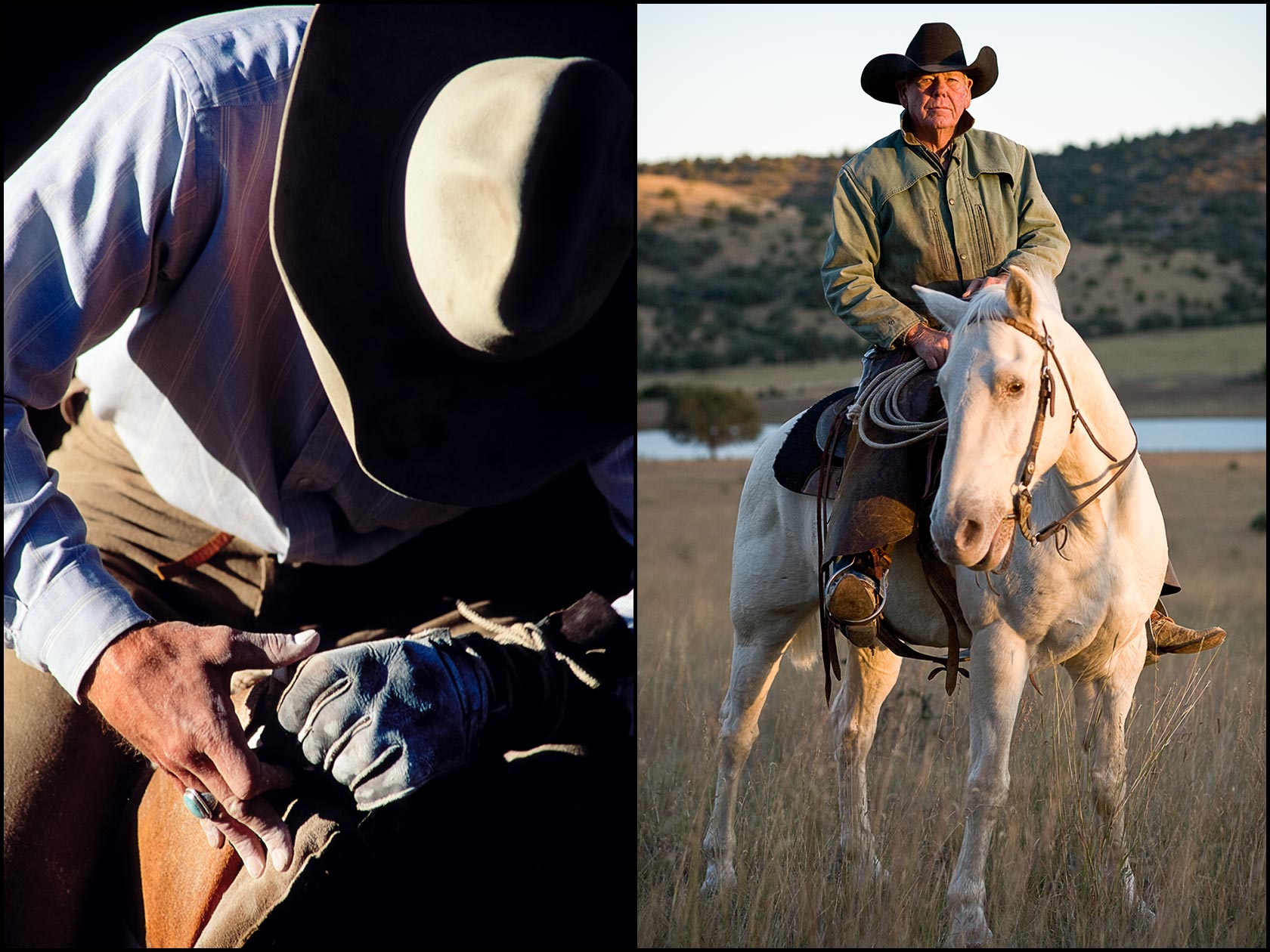 A cowboy prepares for rodeo competition (L), A west Texas cowboy in a black hat on a white horse (R).