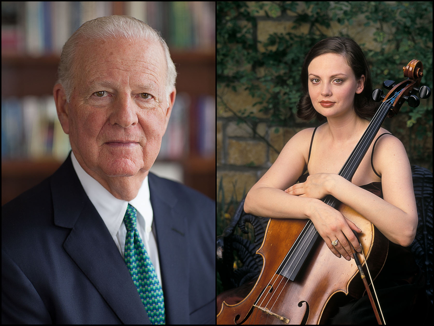 James Baker, former U. S. Secretary of State, in his office (L), Portrait of cellist Nina Kotova in a garden with her cello (R).