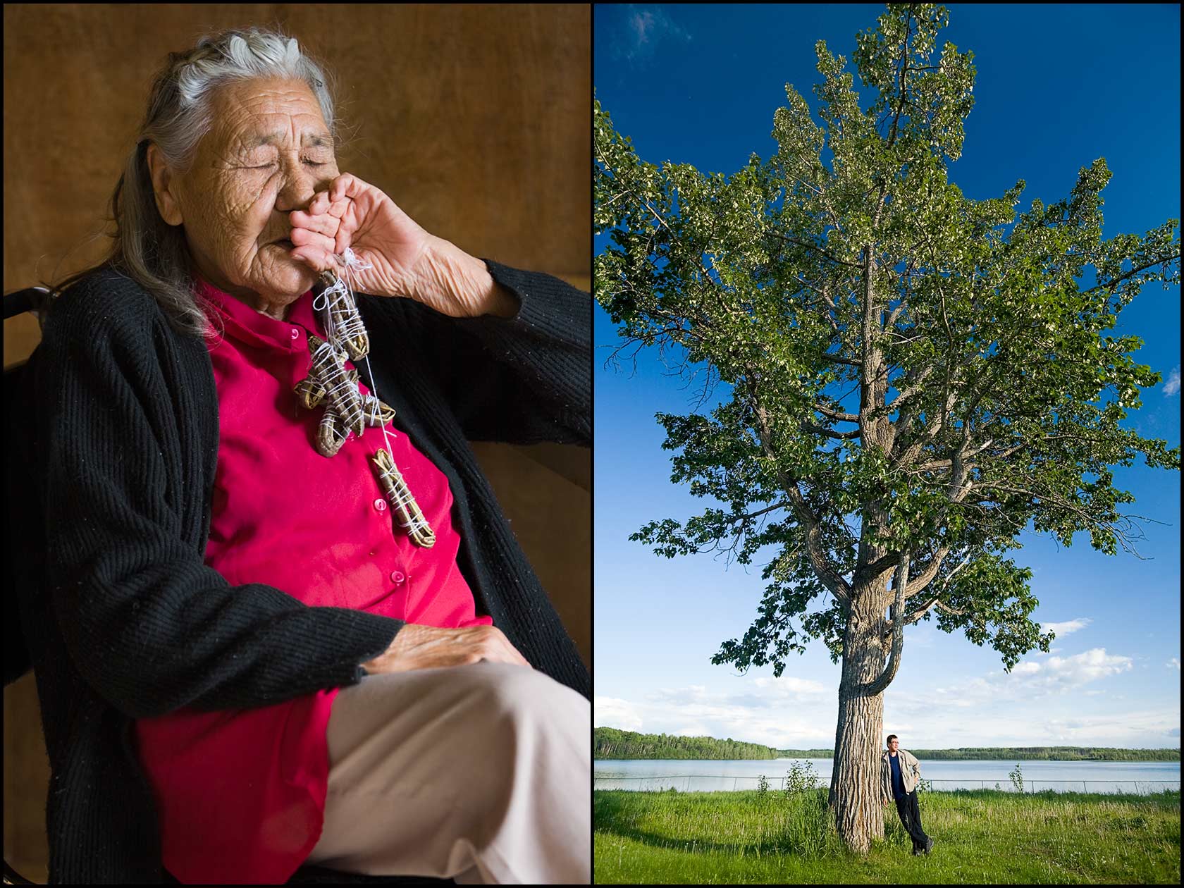 A senior woman from the Metis People (Canada) clutches healing seed pods (L) A Metis People man stands next to a tree by Kelly Lake in Canada (R).