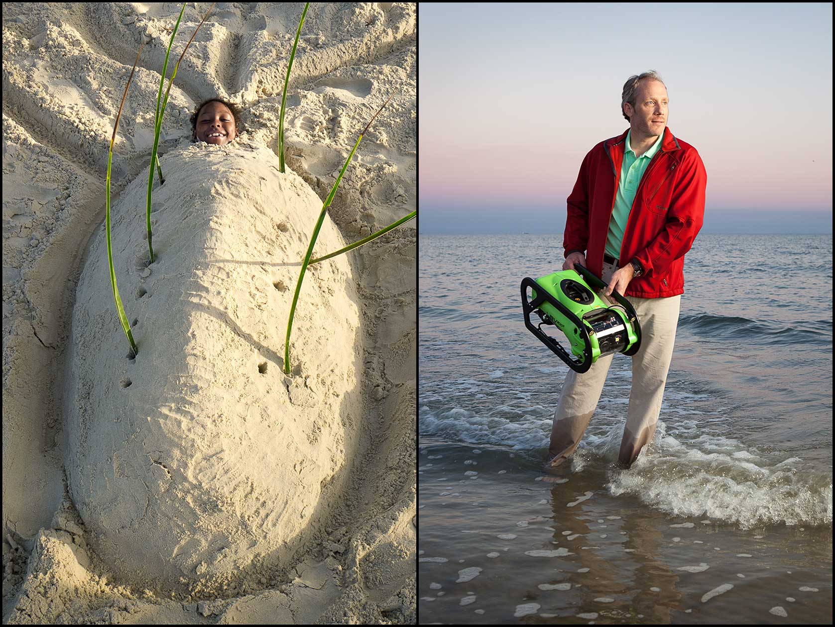 A young Trinidad girl has fun after her family buries her in a sand sculpture (L), A marine scientist in red coat walks in the surf holding a ROV camera (R).