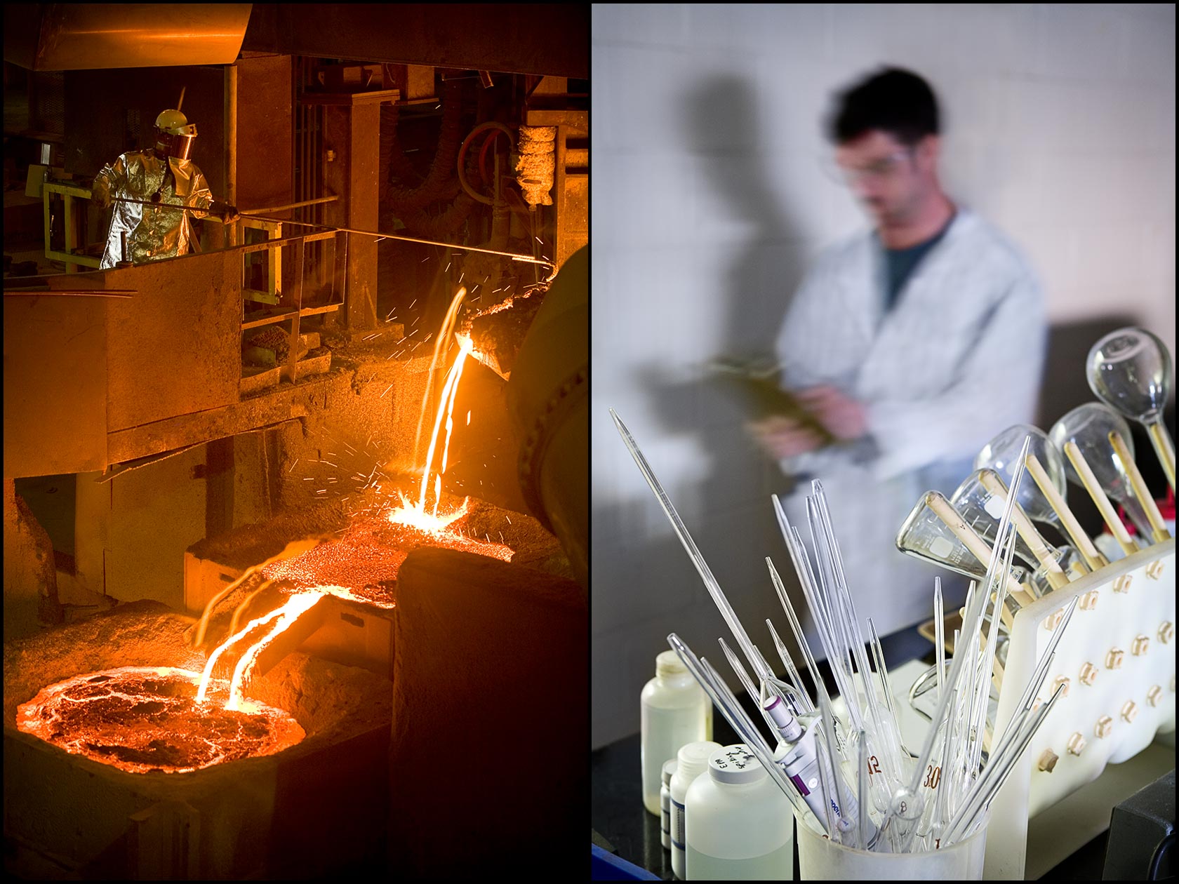 Chemical plant operations: A worker in a high-temperature safety suit initiates a metal pour (L), Technician walks through a plant quality control lab (R).