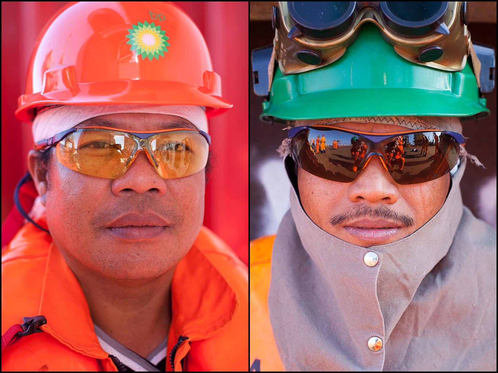 Asian offshore construction ship workers portraits. Deck worker in orange life preserver and hard hat (L), Welder in personal protective gear (R).