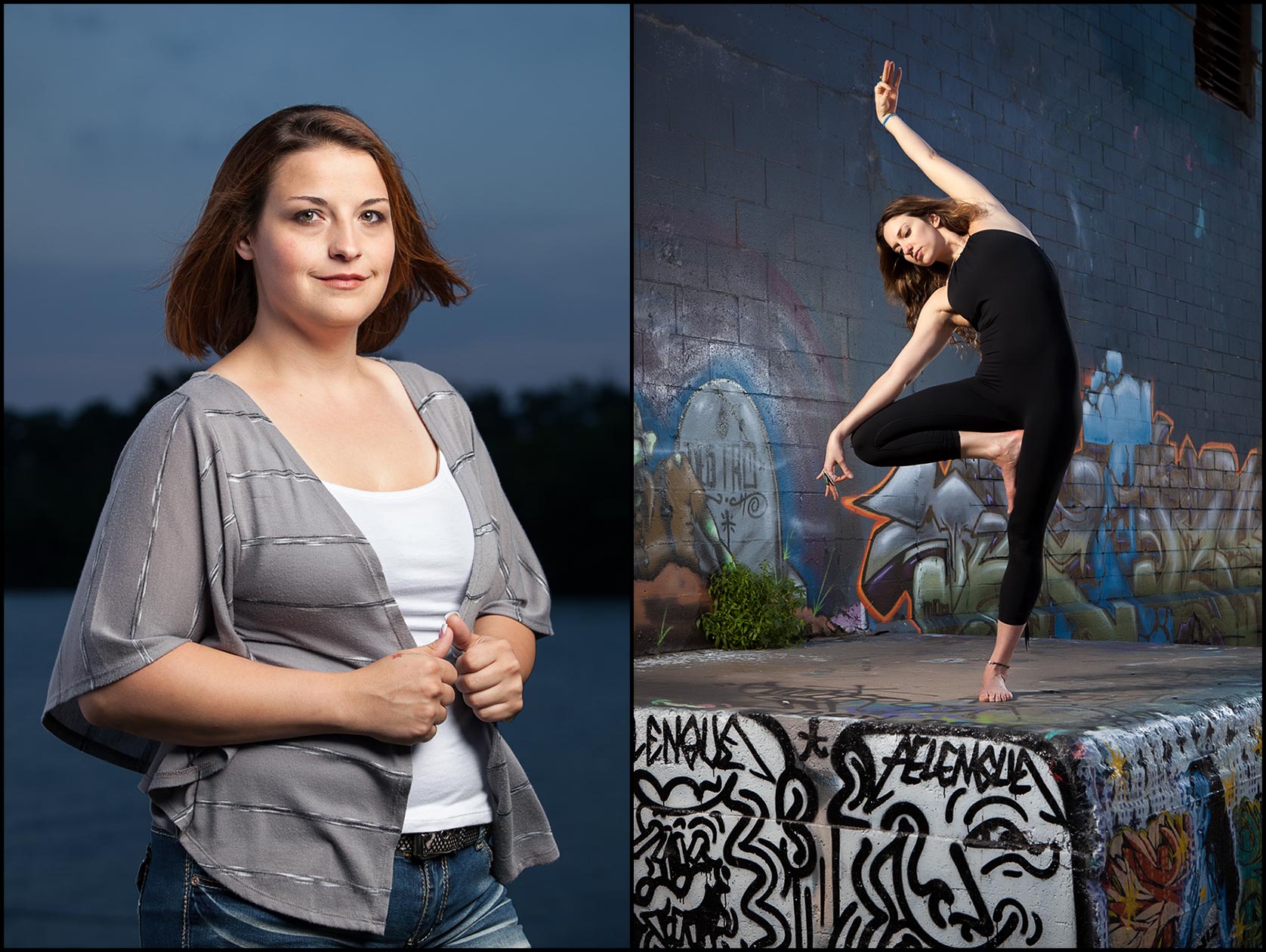 A portrait of a female weight loss clinic advisor outside at dusk (L), A woman doing yoga poses outdoors on concrete painted with urban street art (R).