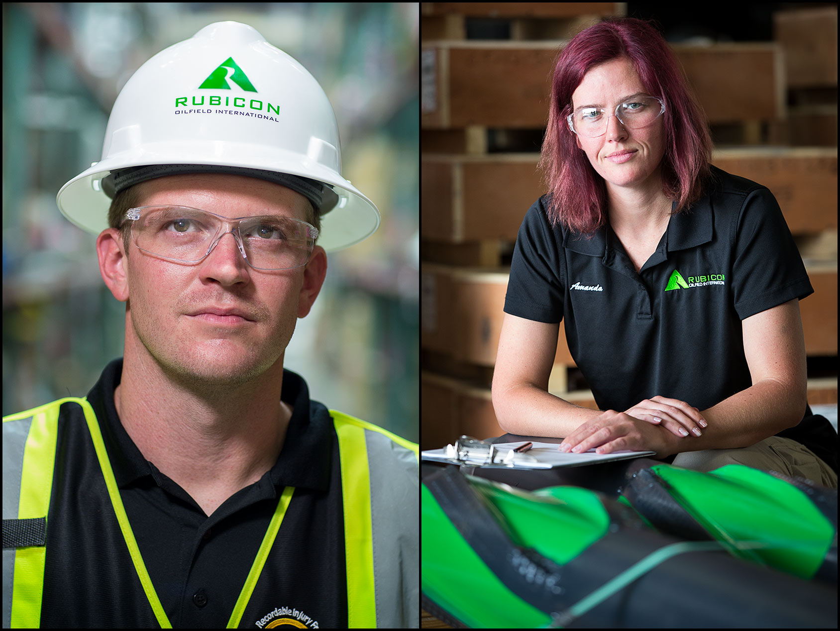 Portraits of male and female warehouse workers inside an oil tool manufacturing company.