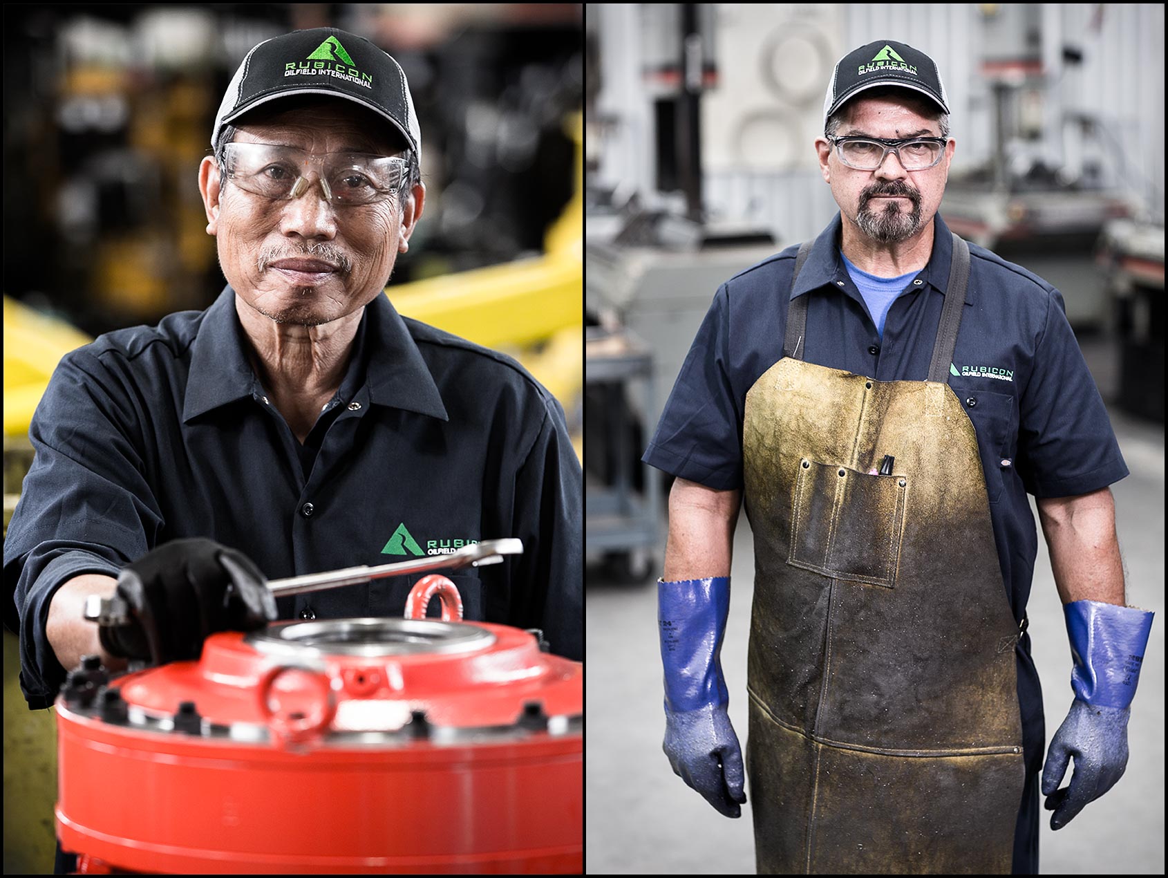 Portraits of workers inside an oilfield tool factory machine shop.