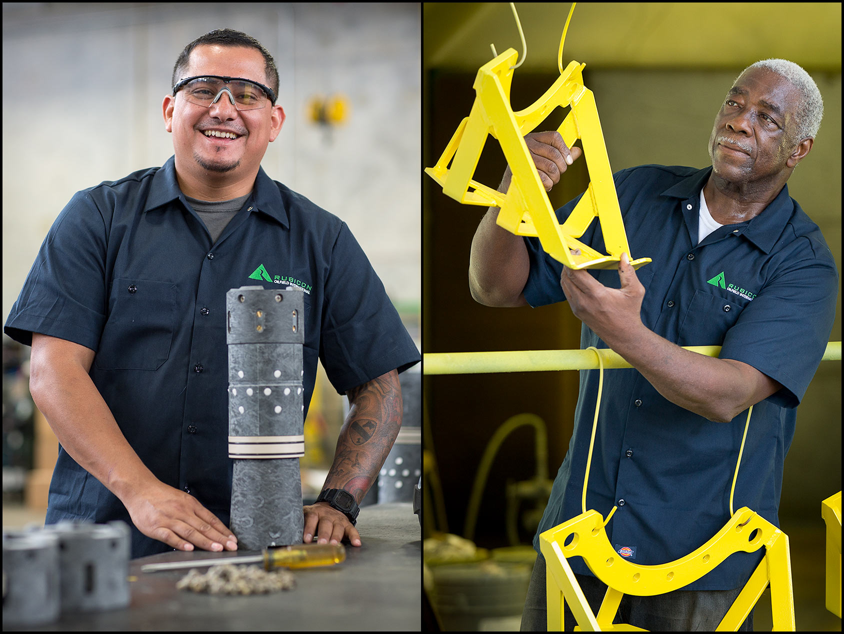 Oilfield tool factory workers: Hispanic/Latino worker at an assembly bench (L), Painted components are inspected by an African-American worker (R).