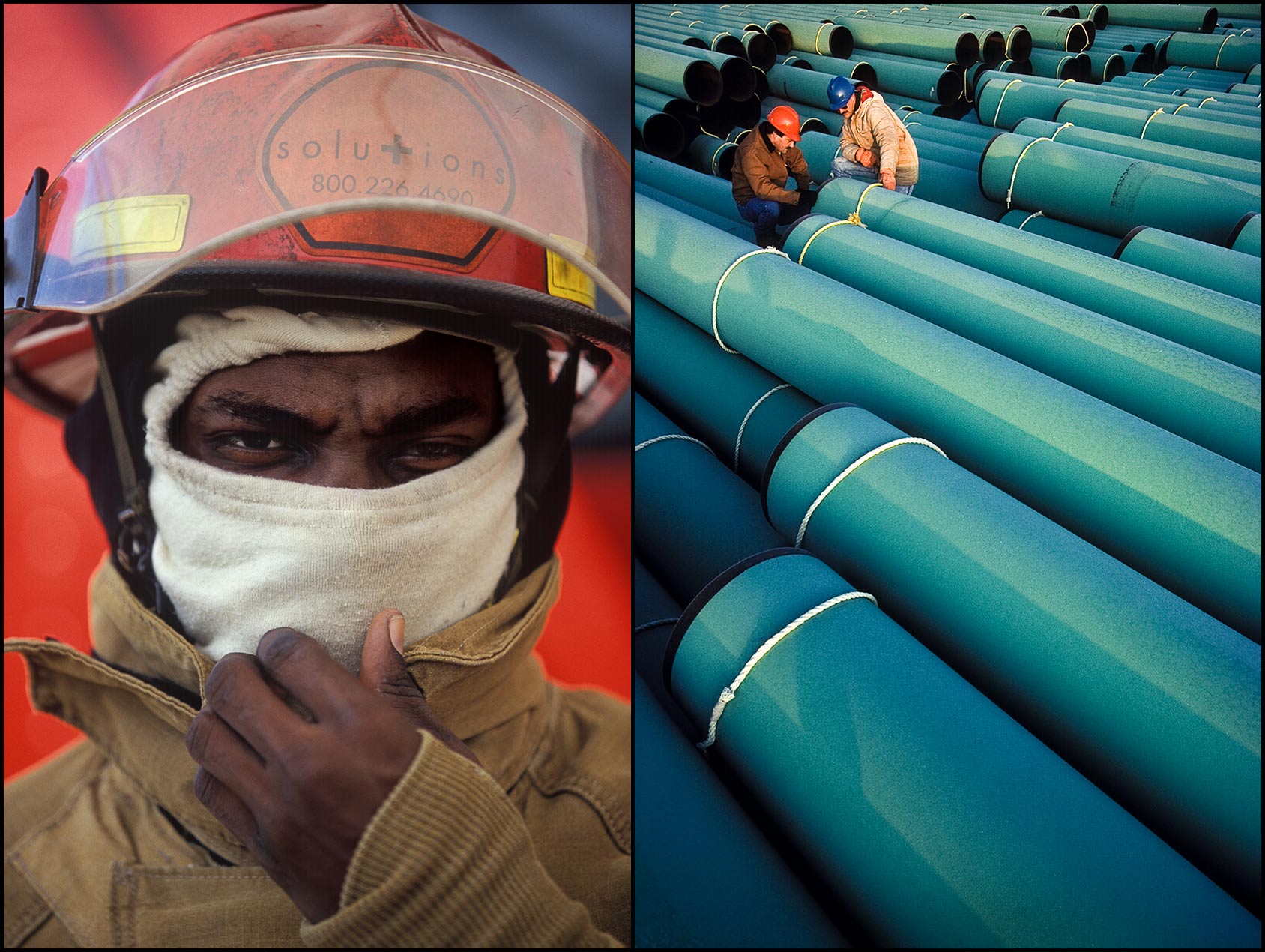Portrait of a industrial fireman in safety gear (L), Two workers inspect large green pipe sections stacked in a pipe yard (R).