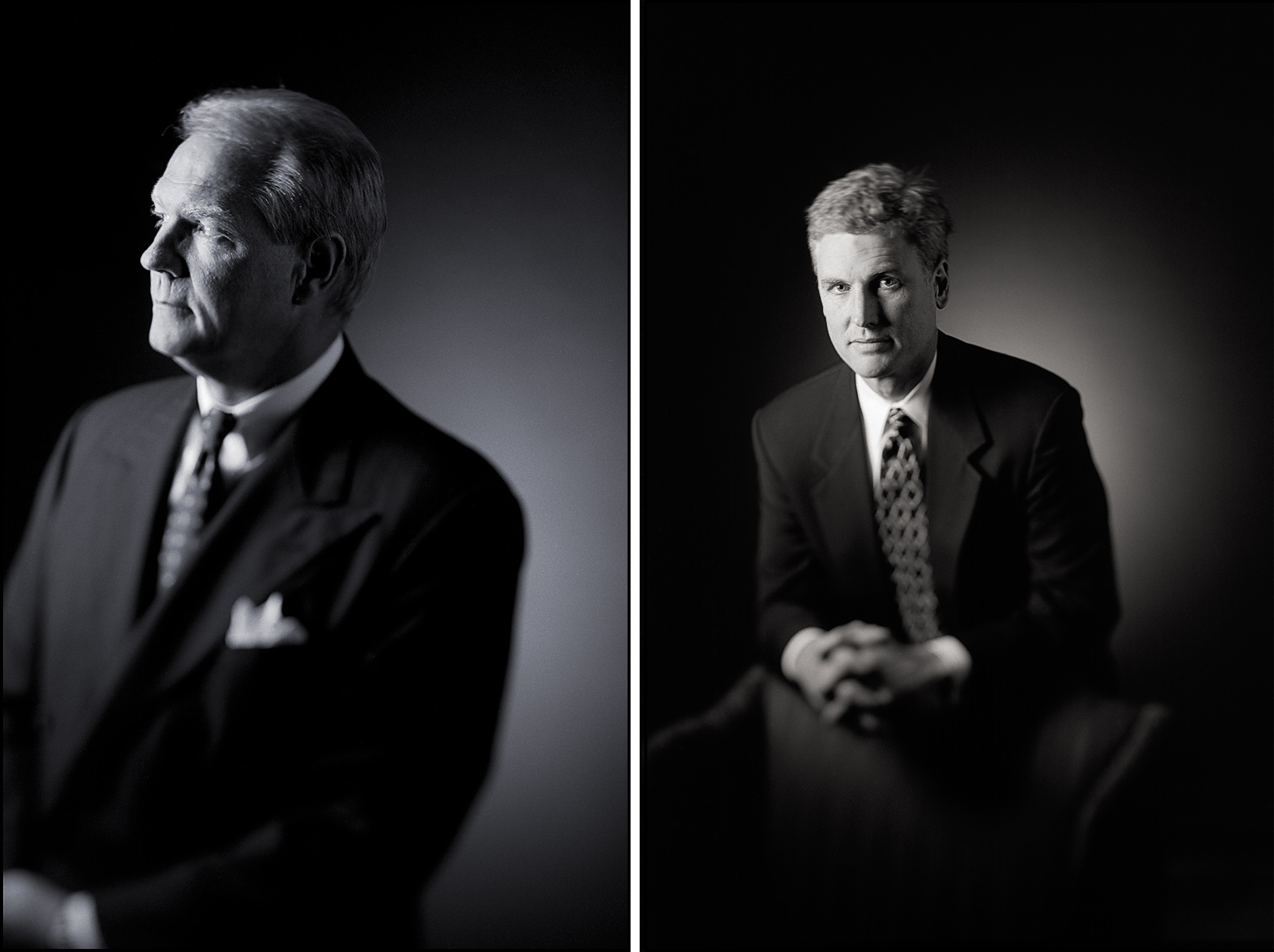 Two panels with executive portraits in black and white with selective focus technique.