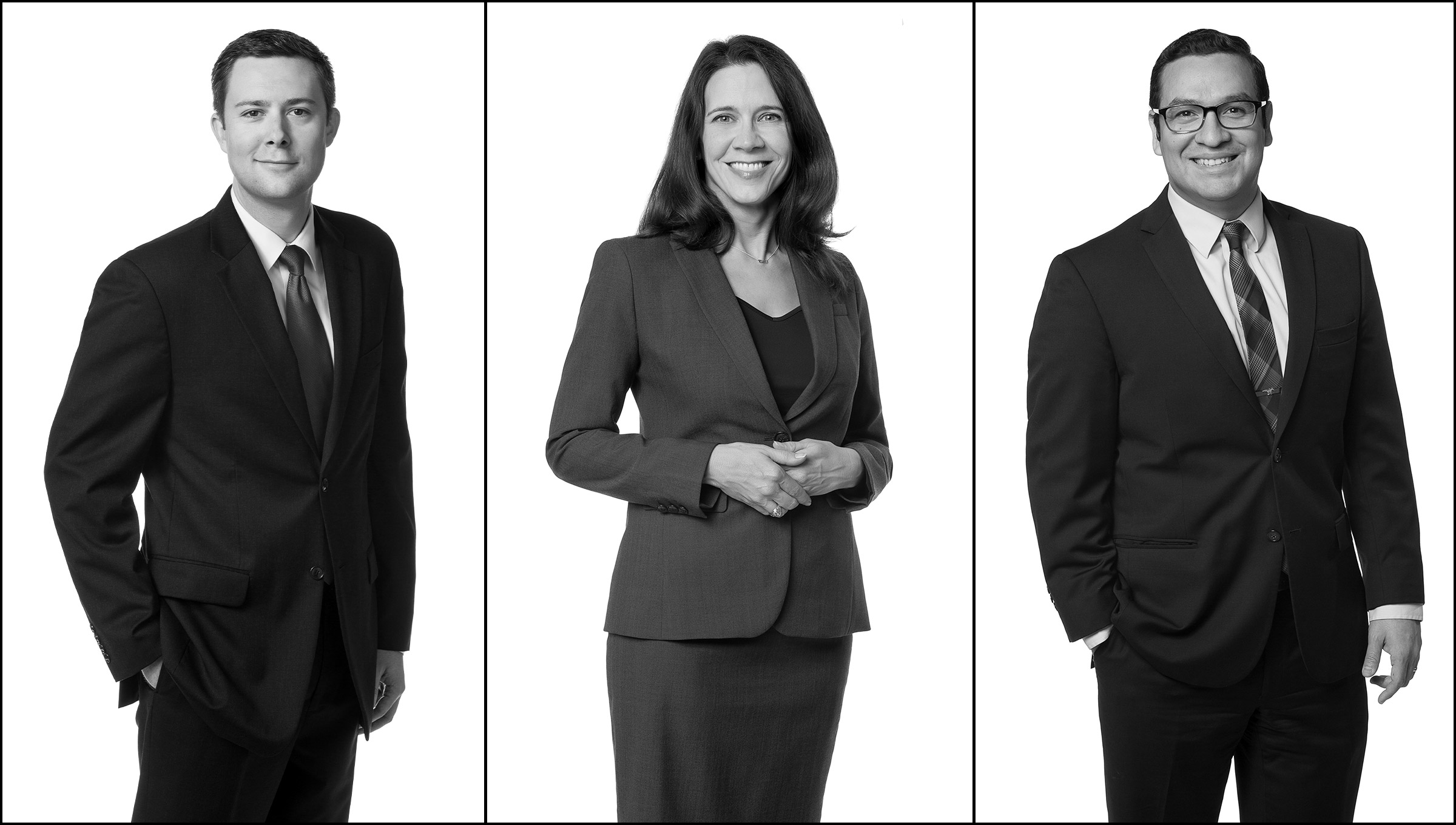 Three attorney portraits in a black and white triptych with white background