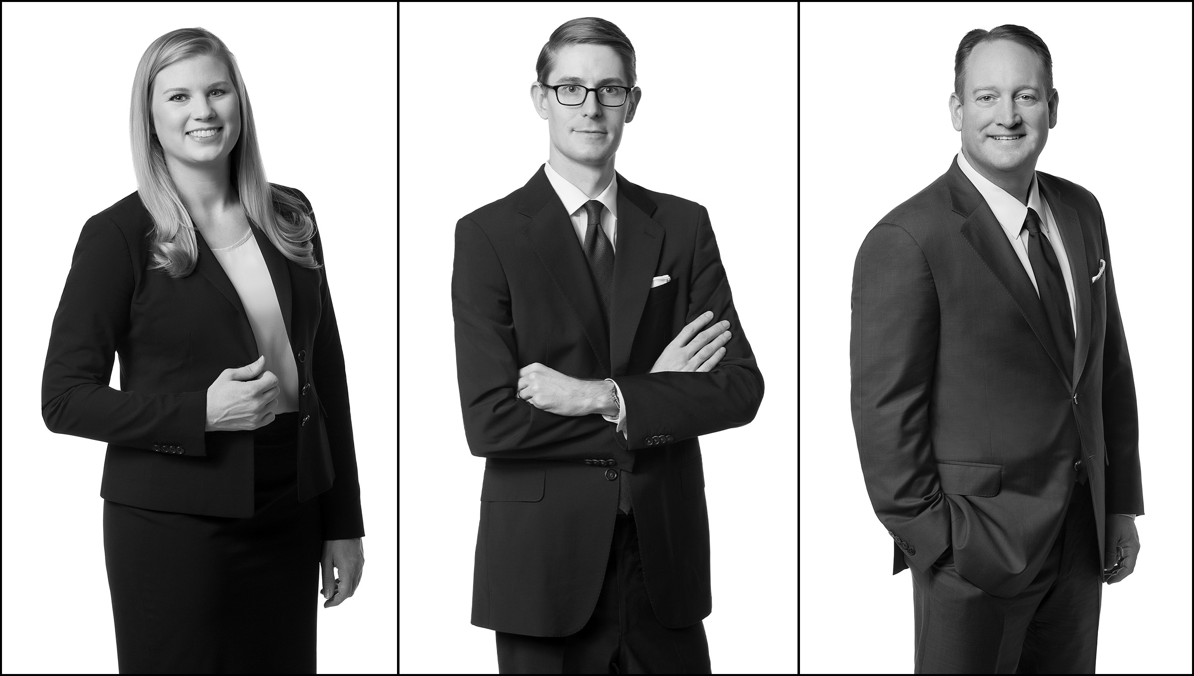 Three attorney portraits in a black and white triptych with white background