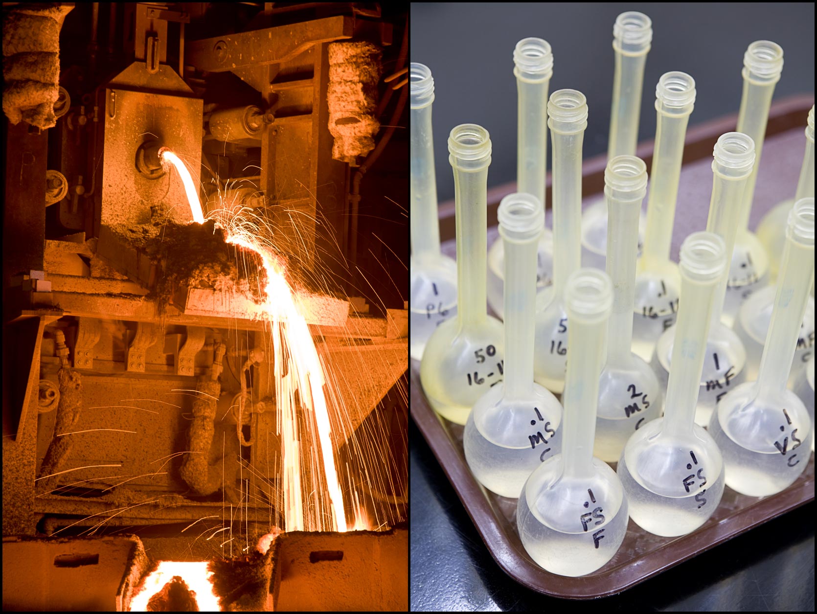 Chemical plant operations: Detail molten metal pour (L), Detail of liquid samples in flasks in quality control laboratory (R).