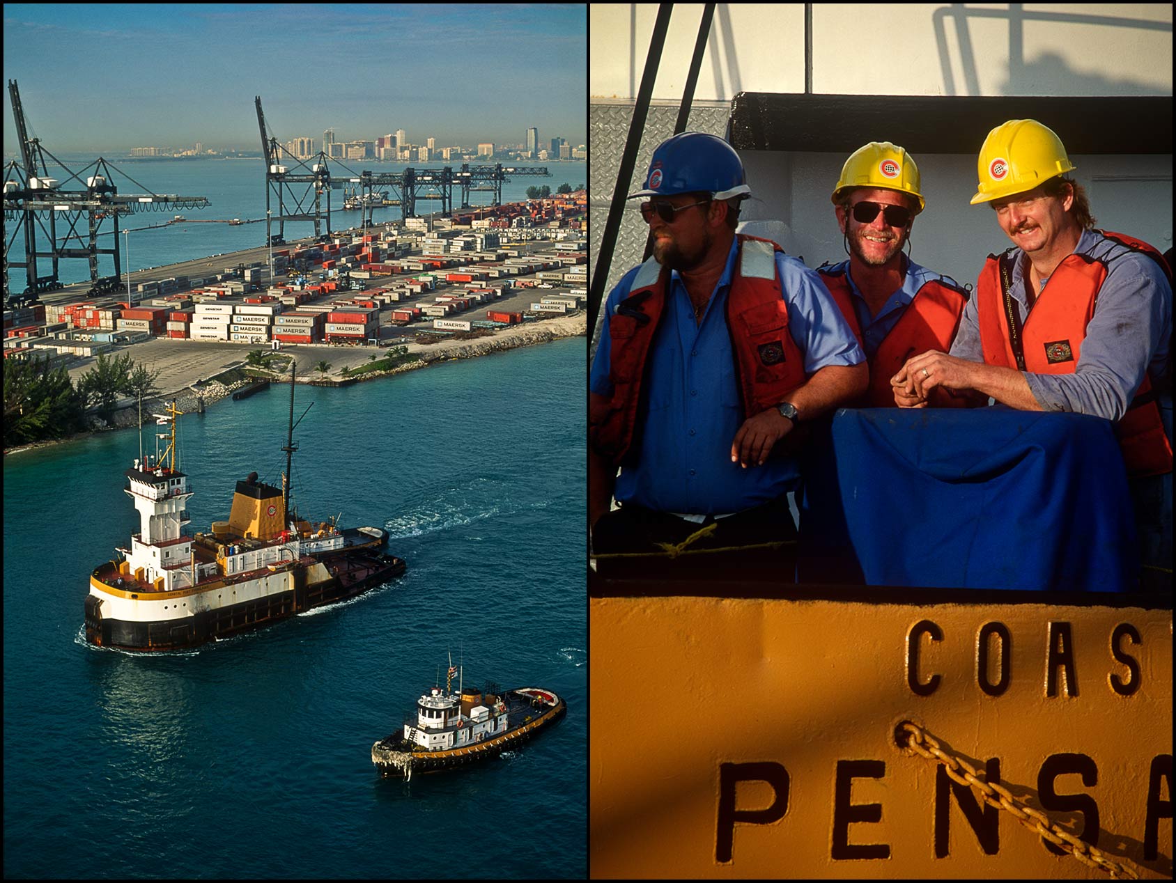 Aerial view of two tug boats in the Port of Miami with cranes and skyline in background (L), Group of tub boat deck workers in life vests and hard hats (R).